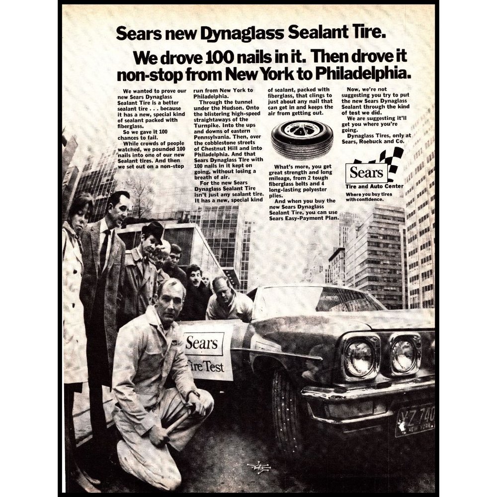 1970 Sears Dynaglass Sealant Tire Vintage Print Ad Downtown Office Buildings Art